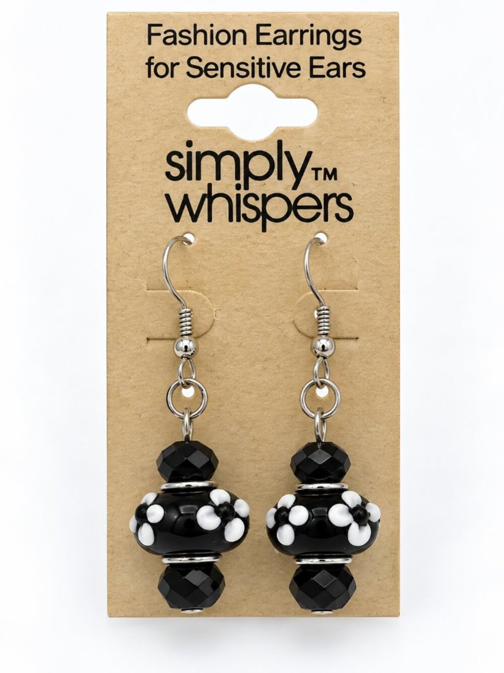 Simply Whispers NWT Black White Glass Bead Dangle Earrings